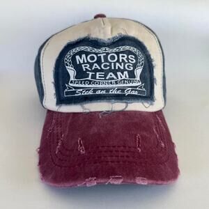 Y2K Distressed Motors Racing Team Trucker Hat – Maroon Brim, Unisex, New